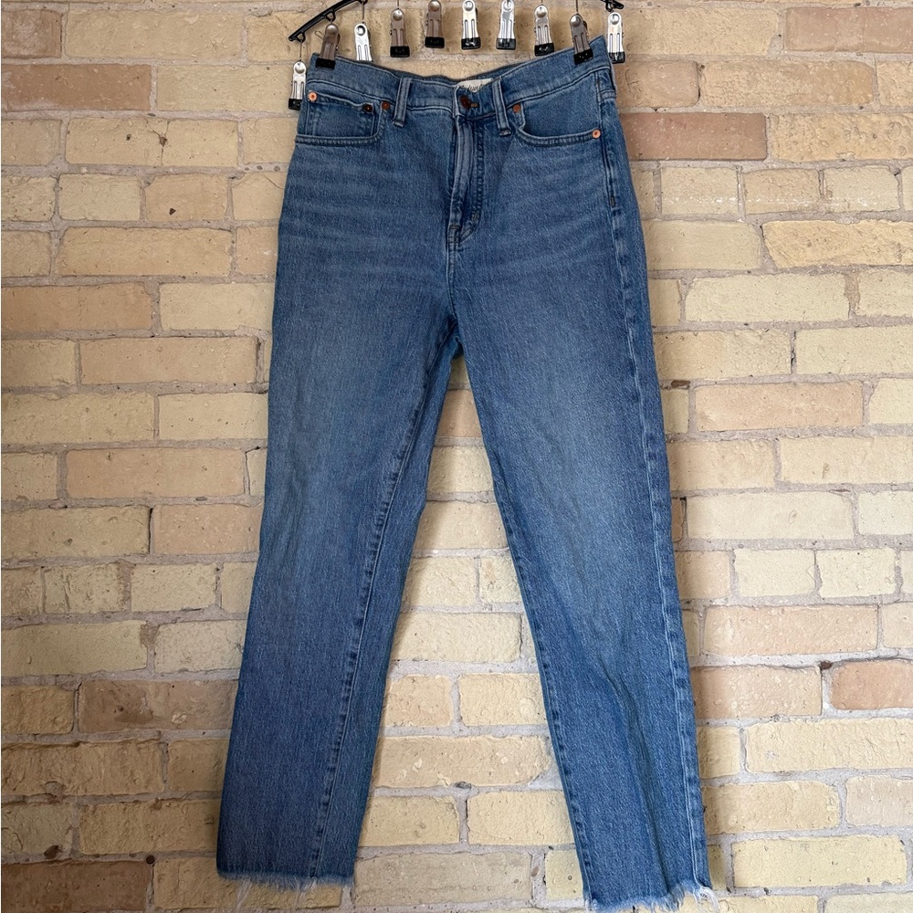 Madewell Blue Straight Leg Jeans with Raw Hem